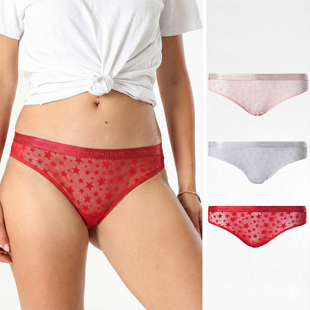 Tommy Hilfiger - Lot De 3 Strings Femme Thong 6135 Rouge Rose Bleu Clair