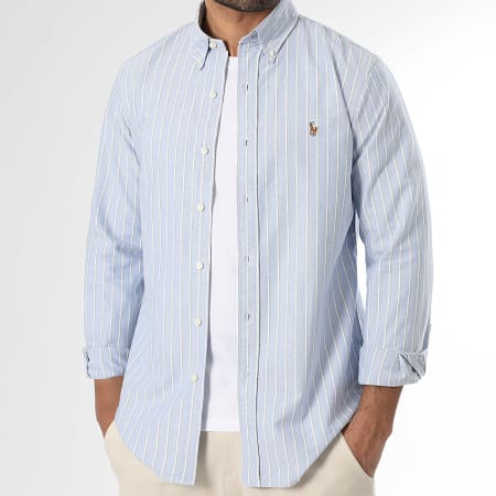 Polo Ralph Lauren - Chemise Manches Longues A Rayures Custom Fit Oxford Bleu Clair Beige