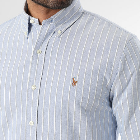 Polo Ralph Lauren - Chemise Manches Longues A Rayures Custom Fit Oxford Bleu Clair Beige