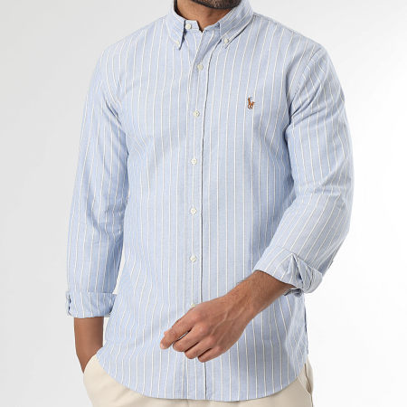 Polo Ralph Lauren - Chemise Manches Longues A Rayures Custom Fit Oxford Bleu Clair Beige