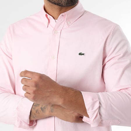 Lacoste - Chemise Manches Longues Regular Fit Logo Brodé Crocodile Rose
