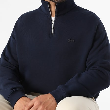 Lacoste - Sweat Col Zippé Loose Fit Logo Brodé Crocodile Ton Sur Ton Bleu Marine