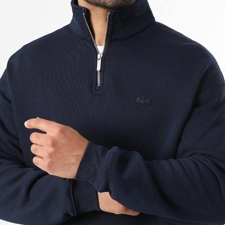 Lacoste - Sweat Col Zippé Loose Fit Logo Brodé Crocodile Ton Sur Ton Bleu Marine