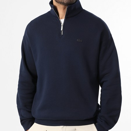 Lacoste - Sweat Col Zippé Loose Fit Logo Brodé Crocodile Ton Sur Ton Bleu Marine