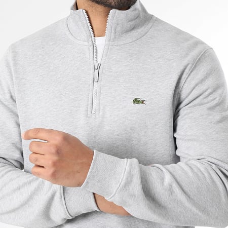 Lacoste - Sweat Col Montant Zippé Classic Fit Logo Brodé Crocodile Gris Chiné