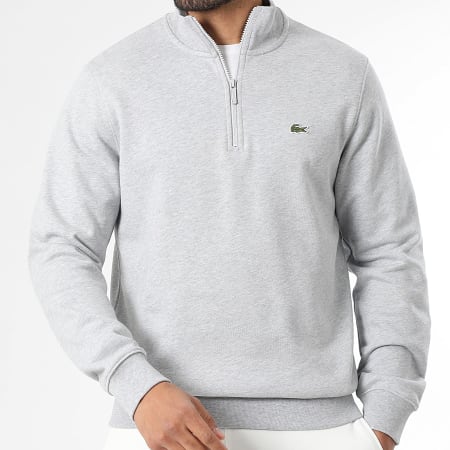 Lacoste - Sweat Col Montant Zippé Classic Fit Logo Brodé Crocodile Gris Chiné