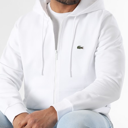 Lacoste - Sweat Zippé Capuche Logo Brodé Crocodile Classic Fit Blanc