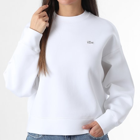 Lacoste - Sweat Crewneck Femme Logo Brodé Crocodile Ton Sur Ton Blanc