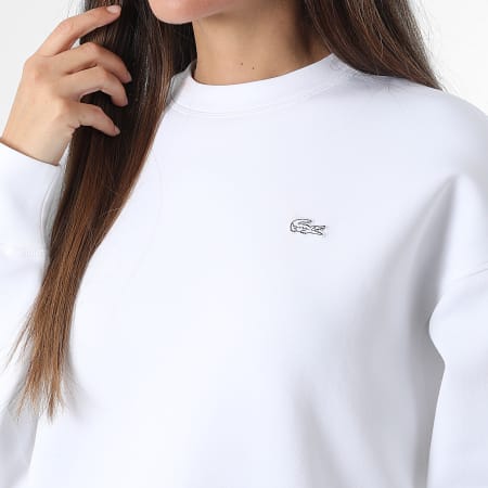 Lacoste - Sweat Crewneck Femme Logo Brodé Crocodile Ton Sur Ton Blanc