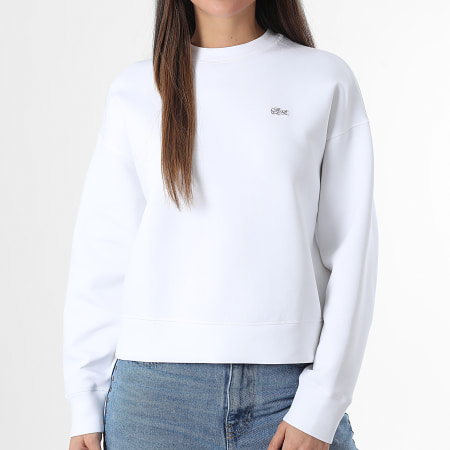 Lacoste - Sweat Crewneck Femme Logo Brodé Crocodile Ton Sur Ton Blanc