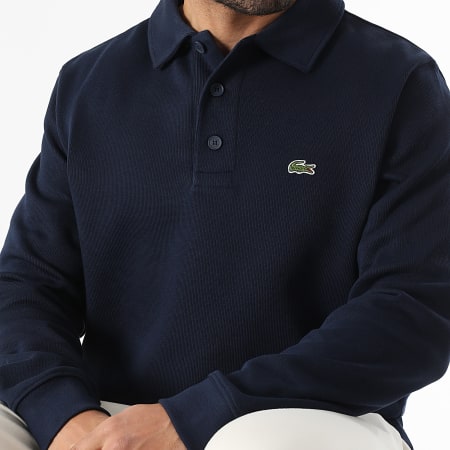 Lacoste - Pull Col Boutonné Logo Brodé Crocodile Bleu Marine