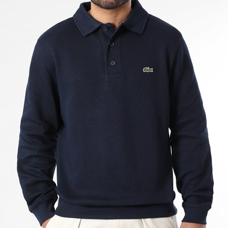 Lacoste - Pull Col Boutonné Logo Brodé Crocodile Bleu Marine