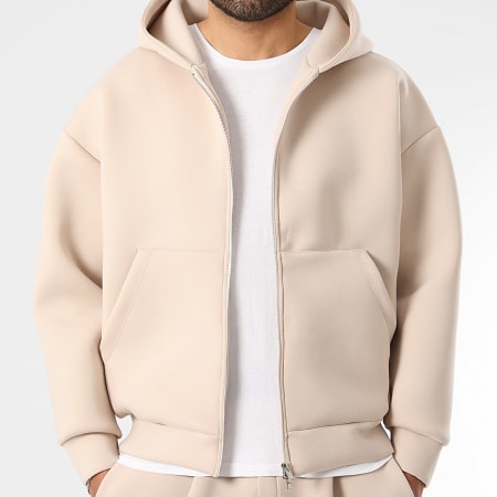 LBO - Ensemble Sweat Capuche Zippé Et Pantalon Jogging A Plis Effet Néoprène 2447 Beige