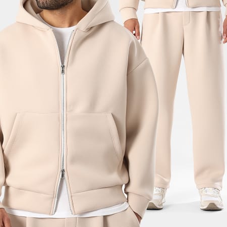 LBO - Ensemble Sweat Capuche Zippé Et Pantalon Jogging A Plis Effet Néoprène 2447 Beige