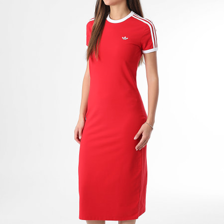 Adidas Originals - Robe Tee Shirt Longue A Bandes Femme 3 Stripes KD3692 Rouge Blanc