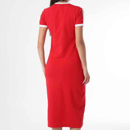 Adidas Originals - Robe Tee Shirt Longue A Bandes Femme 3 Stripes KD3692 Rouge Blanc