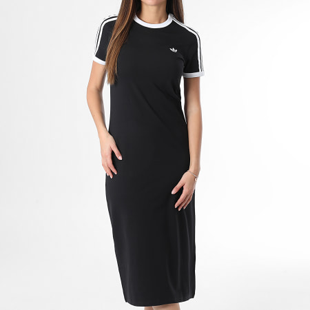 Adidas Originals - Robe Tee Shirt Longue A Bandes Femme 3 Stripes KD7978 Noir Blanc