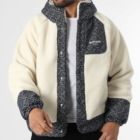 Sixth June - Veste Capuche Boutonnée Sherpa Jean 727 Beige Clair Bleu Brut