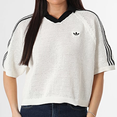 Adidas Originals - Polo Manches Courtes A Bandes Femme Crochet KC6490 Beige Noir