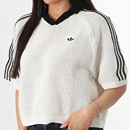 Adidas Originals - Polo Manches Courtes A Bandes Femme Crochet KC6490 Beige Noir