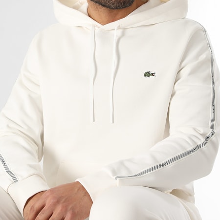 Lacoste - Sweat Capuche A Bandes Logo Brodé Crocodile Beige Clair