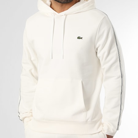 Lacoste - Sweat Capuche A Bandes Logo Brodé Crocodile Beige Clair