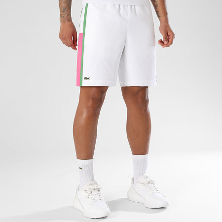 Lacoste - Short Jogging Diamanté Logo Brodé Crocodile Blanc Rose Vert
