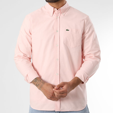 Lacoste - Camisa Manga Larga Bolsillo Logo Bordado Cocodrilo Regular Fit Rosa