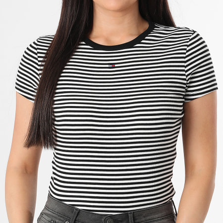 Tommy Jeans - Tee Shirt A Rayures Slim Femme Essential 7383 Noir Beige Clair