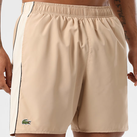 Lacoste - Short De Bain A Bandes Logo Brodé Crocodile Beige