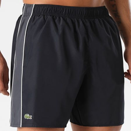 Lacoste - Short De Bain A Bandes Logo Brodé Crocodile Noir Gris