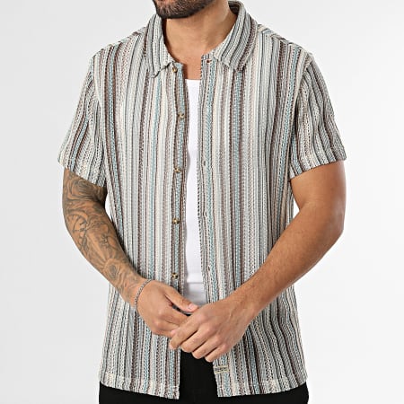 Deeluxe - Camisa Manga Corta A Rayas Loose Fit Luther T4359M Beige Marrón Azul Claro