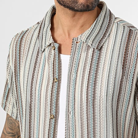 Deeluxe - Camisa Manga Corta A Rayas Loose Fit Luther T4359M Beige Marrón Azul Claro