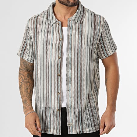 Deeluxe - Camisa Manga Corta A Rayas Loose Fit Luther T4359M Beige Marrón Azul Claro