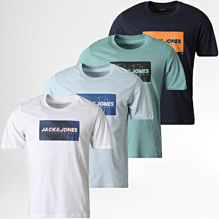 Jack And Jones - Lot De 4 Tee Shirts Cole Print Blanc Bleu Clair Bleu Marine Turquoise
