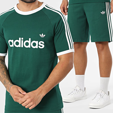 Adidas Originals - Ensemble Tee Shirt Et Short Jogging A Bandes 3 Stripes Ringer KF0415-KE3563 Vert Blanc
