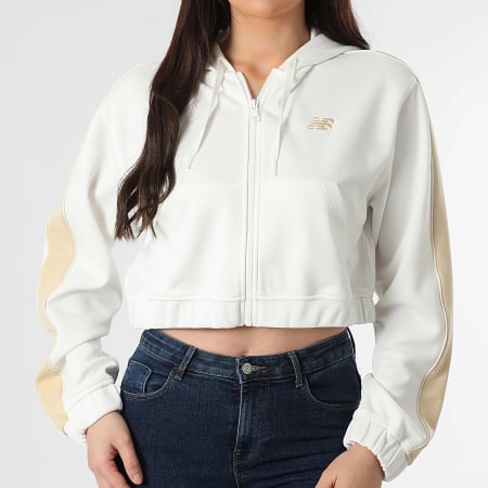 New Balance - Sudadera con Capucha Cremallera a Rayas Crop Mujer WJ61B759 Beige Claro