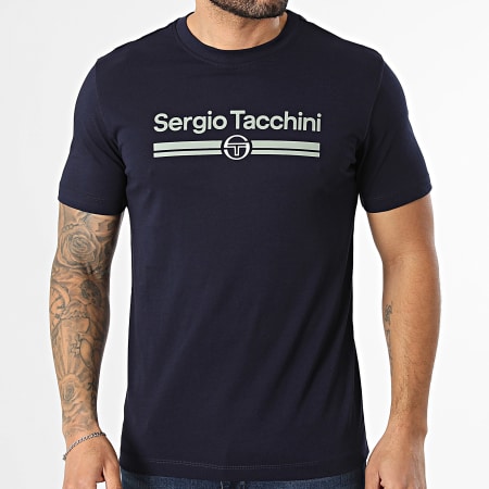 Sergio Tacchini - T-Shirt Marchio 41200 Blu Marina Verde Kaki Chiaro
