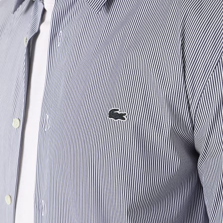 Lacoste - Camisa de Manga Larga a Rayas Logo Bordado Cocodrilo Blanco Azul Marino