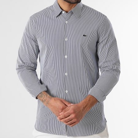 Lacoste - Camisa de Manga Larga a Rayas Logo Bordado Cocodrilo Blanco Azul Marino