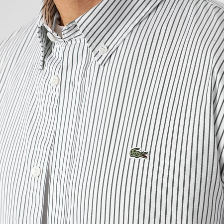 Lacoste - Camisa Manga Larga De Rayas Logo Bordado Cocodrilo Blanco Verde Oscuro