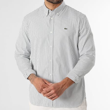 Lacoste - Camisa Manga Larga De Rayas Logo Bordado Cocodrilo Blanco Verde Oscuro