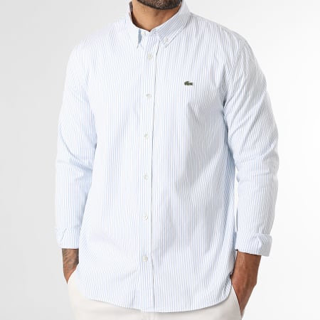 Lacoste - Camisa Manga Larga De Rayas Logo Bordado Cocodrilo Blanco Azul Claro