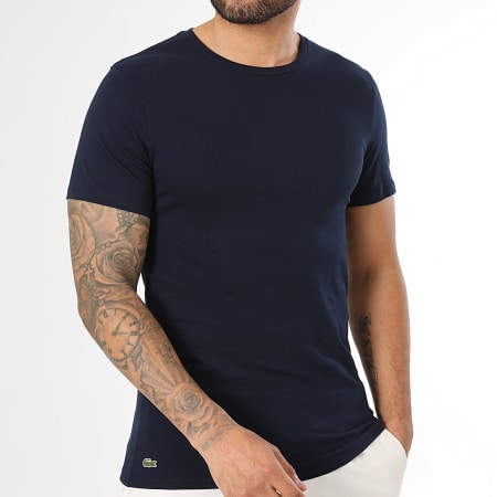 Lacoste - Lot De 3 Tee Shirts Slim Fit Logo Brodé Crocodile Bleu Marine Gris Chiné Corail Clair