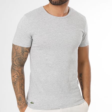 Lacoste - Lot De 3 Tee Shirts Slim Fit Logo Brodé Crocodile Bleu Marine Gris Chiné Corail Clair