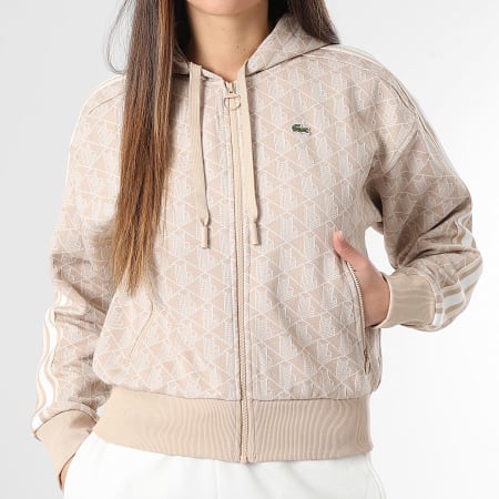 Lacoste - Sweat Capuche Zippée Femme Logo Brodé Crocodile The Blend Beige