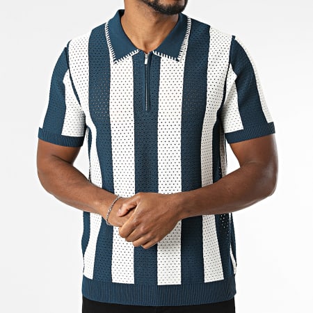 Frilivin - Polo Manches Courtes A Rayures Ajouré 4494 Bleu Marine Blanc