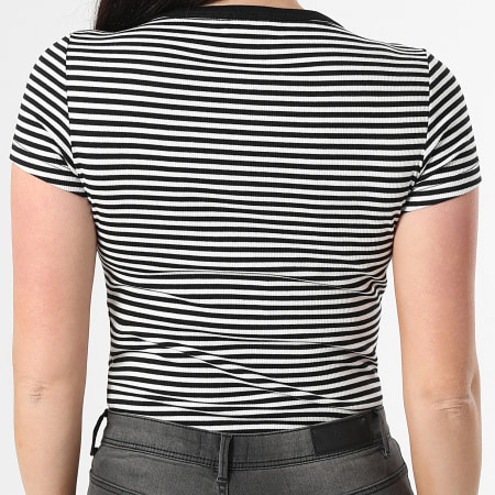 Tommy Jeans - Tee Shirt Col V Femme Slim Essential Rib 7385 Noir Beige Clair