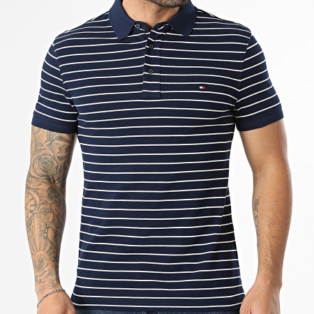 Tommy Hilfiger - Polo Manches Courtes A Rayures Slim 1985 7771 Bleu Marine Blanc