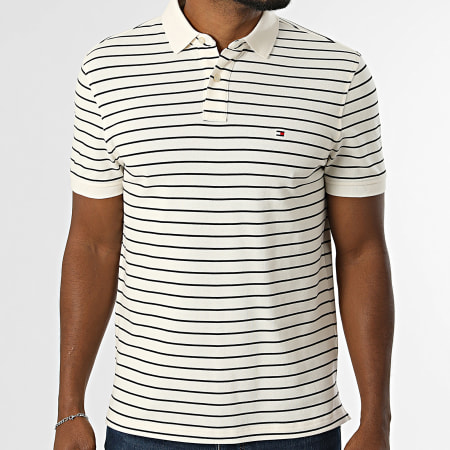 Tommy Hilfiger - Polo Manches Courtes A Rayures Regular Fit 1985 7770 Beige Clair Noir